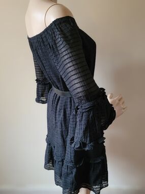 CeCe Black Off-Shoulder Ruffle Dress with Sheer Sleeves Small